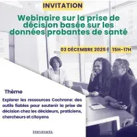 Invitation au webinaire du 3 décembre 2025 sur les ressources Cochrane pour la décision en santé.